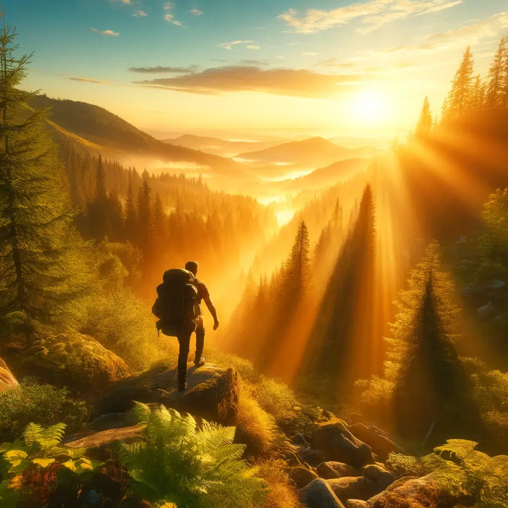 Une image représentant une personne avec un sac à dos en pleine nature, regardant vers un soleil qui brille depuis une montagne et une forêt. L'image est lumineuse et procure une sensation de bonheur et tranquilité.